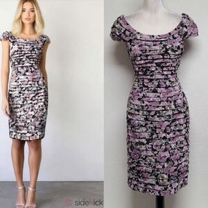 Adrianna Papell Floral Mesh Bardot Tiered Boatneck Cap Sleeve Midi Sheath Dress